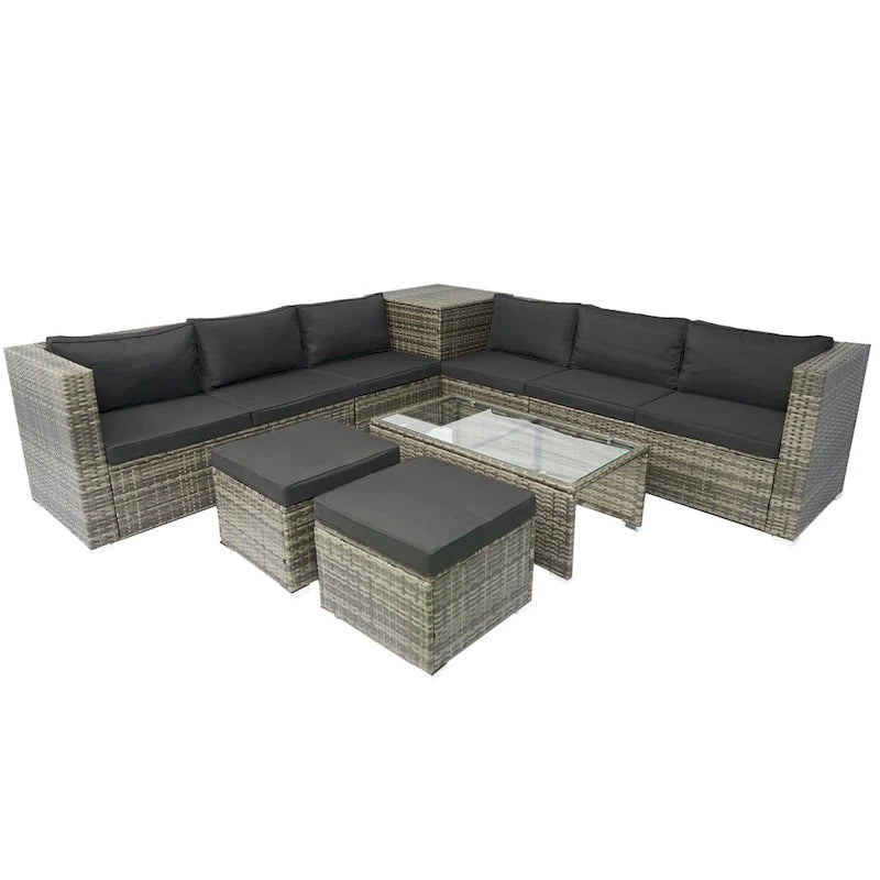 8 Pcs Patio L-Shaped Sectional Sofa Set, Outdoor Wicker Rattan Furniture Set with One Storage Box Under Seat and Coffee Table