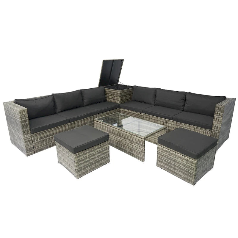 8 Pcs Patio L-Shaped Sectional Sofa Set, Outdoor Wicker Rattan Furniture Set with One Storage Box Under Seat and Coffee Table