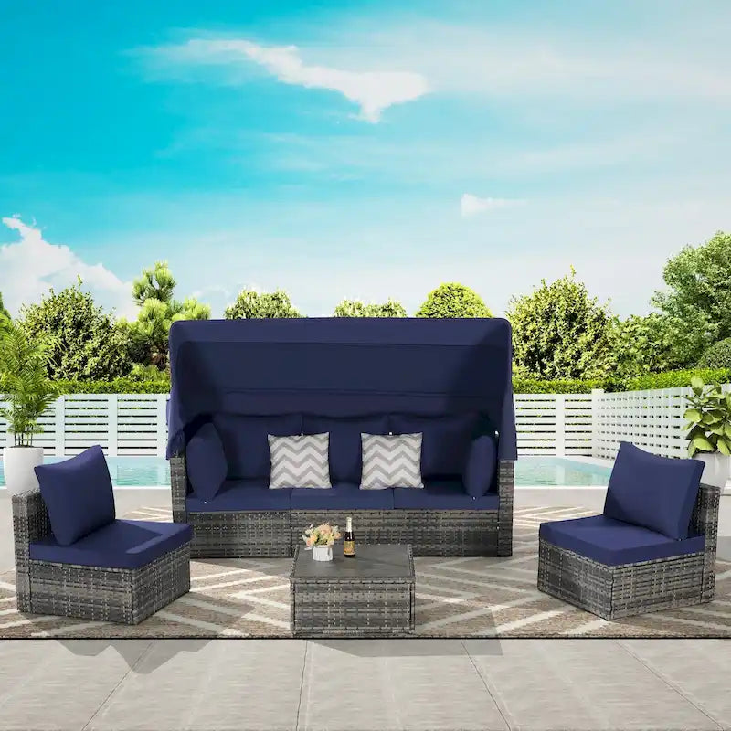 5 Piece Patio Wicker Furniture Sets, Outdoor Rattan Daybed with Retractable Canopy, Sectional Sofa Set with Adjustable Back