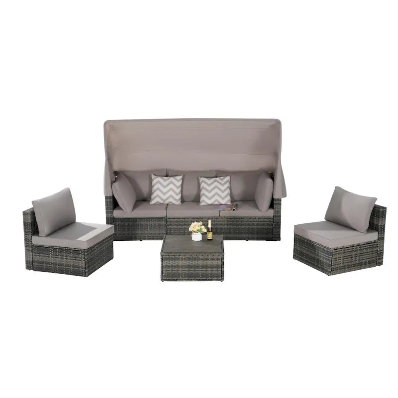 5 Piece Patio Wicker Furniture Sets, Outdoor Rattan Daybed with Retractable Canopy, Sectional Sofa Set with Adjustable Back