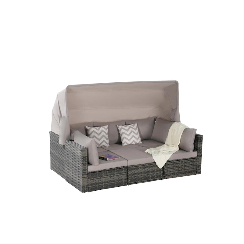 5 Piece Patio Wicker Furniture Sets, Outdoor Rattan Daybed with Retractable Canopy, Sectional Sofa Set with Adjustable Back