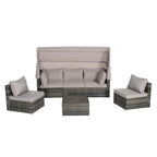 5 Piece Patio Wicker Furniture Sets, Outdoor Rattan Daybed with Retractable Canopy, Sectional Sofa Set with Adjustable Back