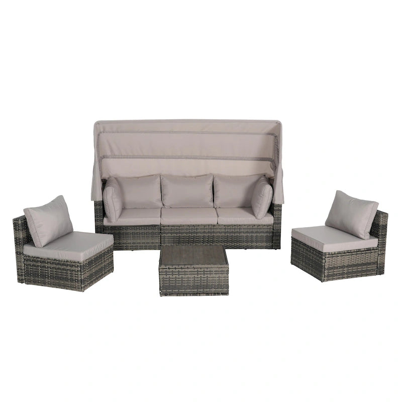 5 Piece Patio Wicker Furniture Sets, Outdoor Rattan Daybed with Retractable Canopy, Sectional Sofa Set with Adjustable Back