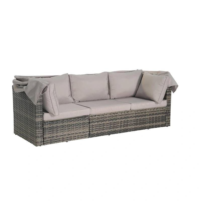 5 Piece Patio Wicker Furniture Sets, Outdoor Rattan Daybed with Retractable Canopy, Sectional Sofa Set with Adjustable Back