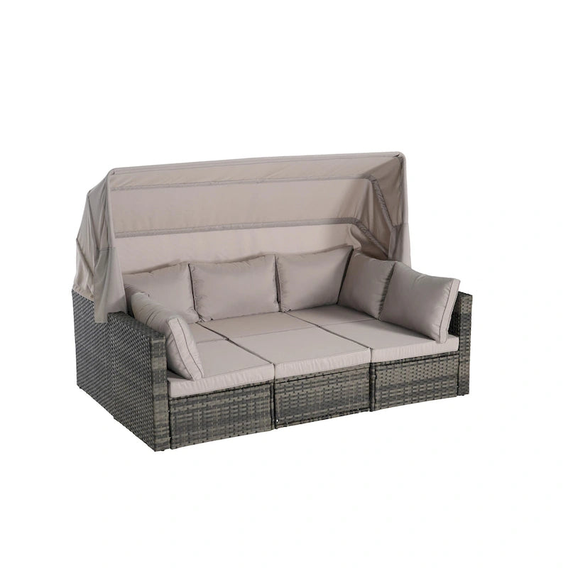 5 Piece Patio Wicker Furniture Sets, Outdoor Rattan Daybed with Retractable Canopy, Sectional Sofa Set with Adjustable Back