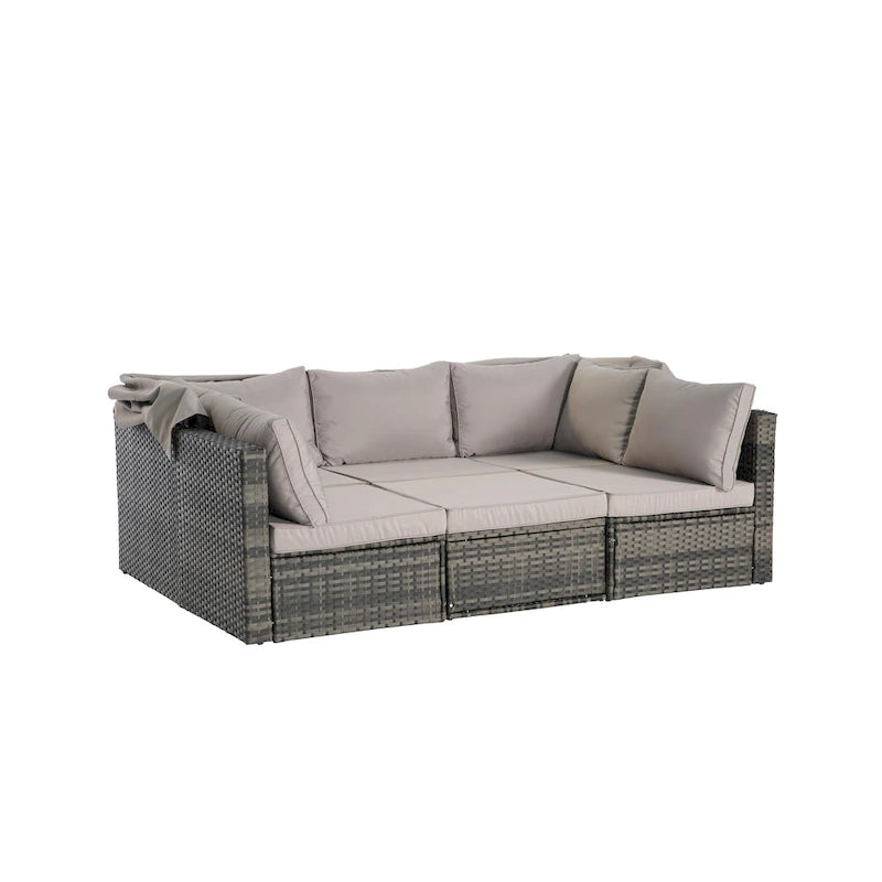 5 Piece Patio Wicker Furniture Sets, Outdoor Rattan Daybed with Retractable Canopy, Sectional Sofa Set with Adjustable Back