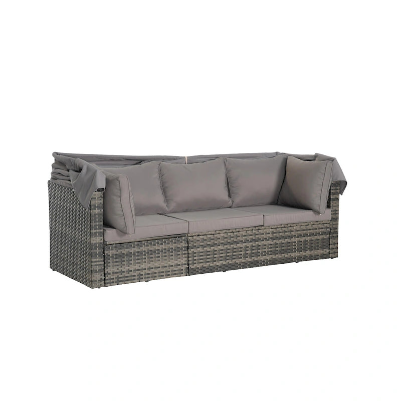 5 Piece Patio Wicker Furniture Sets, Outdoor Rattan Daybed with Retractable Canopy, Sectional Sofa Set with Adjustable Back