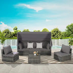 5 Piece Patio Wicker Furniture Sets, Outdoor Rattan Daybed with Retractable Canopy, Sectional Sofa Set with Adjustable Back
