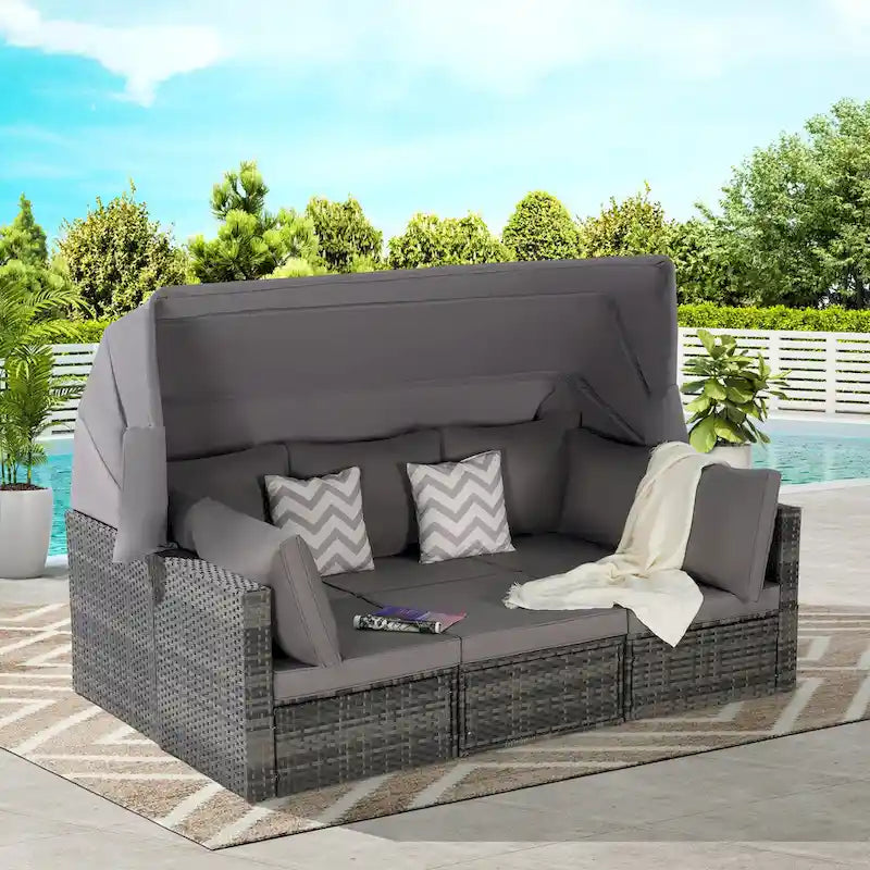 5 Piece Patio Wicker Furniture Sets, Outdoor Rattan Daybed with Retractable Canopy, Sectional Sofa Set with Adjustable Back