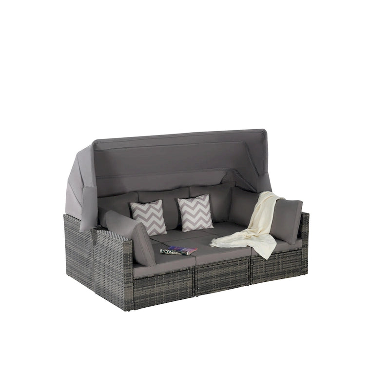 5 Piece Patio Wicker Furniture Sets, Outdoor Rattan Daybed with Retractable Canopy, Sectional Sofa Set with Adjustable Back