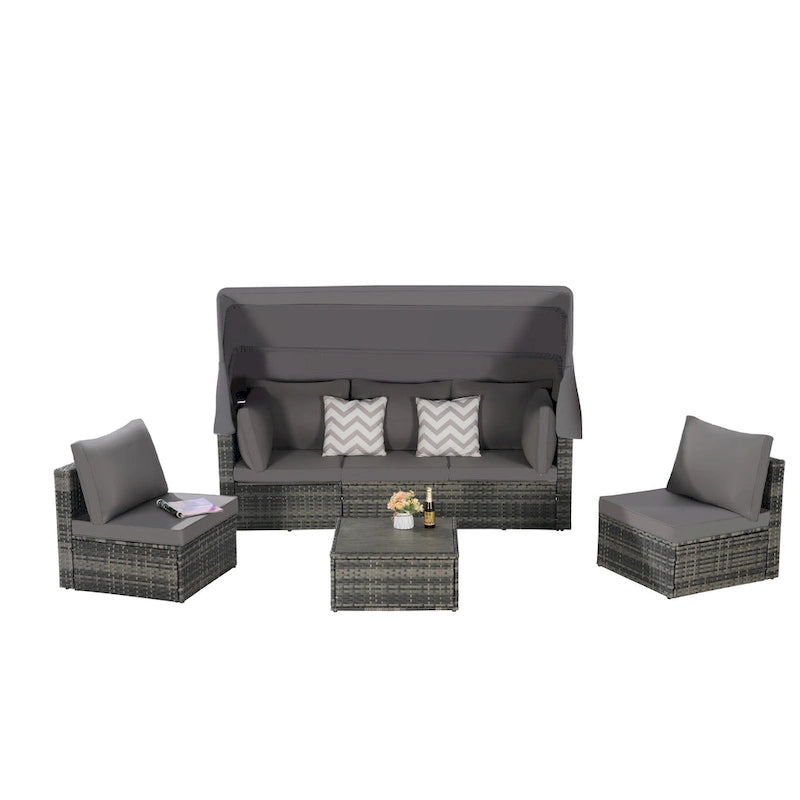 5 Piece Patio Wicker Furniture Sets, Outdoor Rattan Daybed with Retractable Canopy, Sectional Sofa Set with Adjustable Back