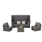 5 Piece Patio Wicker Furniture Sets, Outdoor Rattan Daybed with Retractable Canopy, Sectional Sofa Set with Adjustable Back