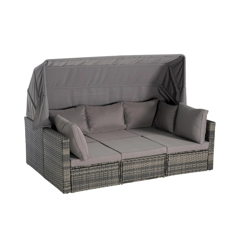 5 Piece Patio Wicker Furniture Sets, Outdoor Rattan Daybed with Retractable Canopy, Sectional Sofa Set with Adjustable Back
