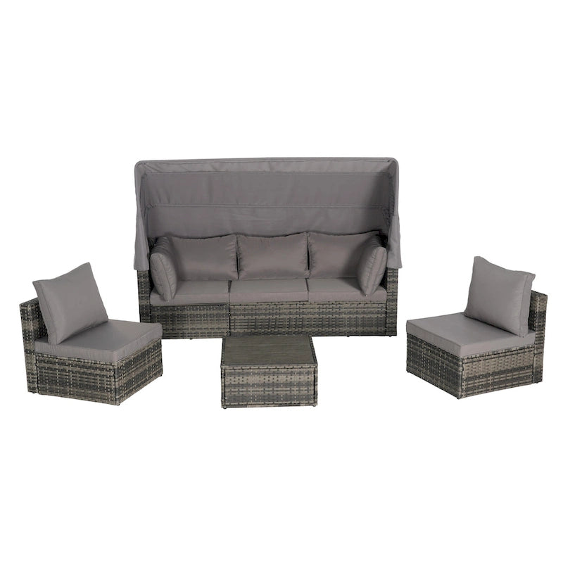 5 Piece Patio Wicker Furniture Sets, Outdoor Rattan Daybed with Retractable Canopy, Sectional Sofa Set with Adjustable Back
