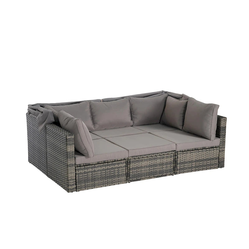 5 Piece Patio Wicker Furniture Sets, Outdoor Rattan Daybed with Retractable Canopy, Sectional Sofa Set with Adjustable Back