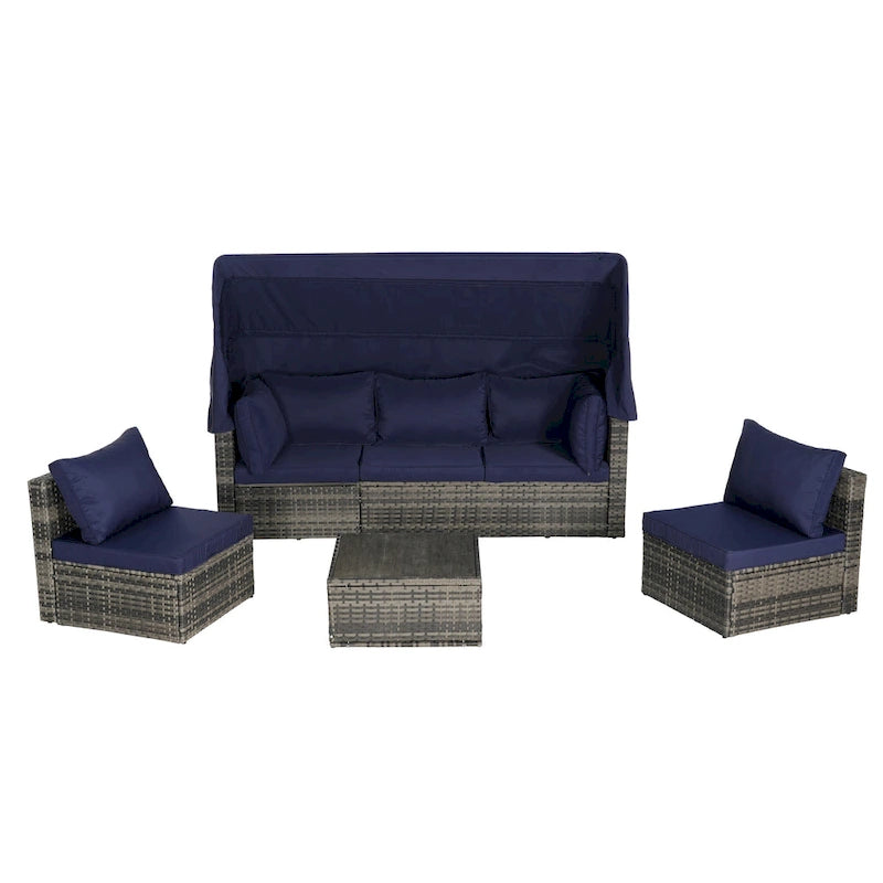 5 Piece Patio Wicker Furniture Sets, Outdoor Rattan Daybed with Retractable Canopy, Sectional Sofa Set with Adjustable Back