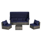 5 Piece Patio Wicker Furniture Sets, Outdoor Rattan Daybed with Retractable Canopy, Sectional Sofa Set with Adjustable Back