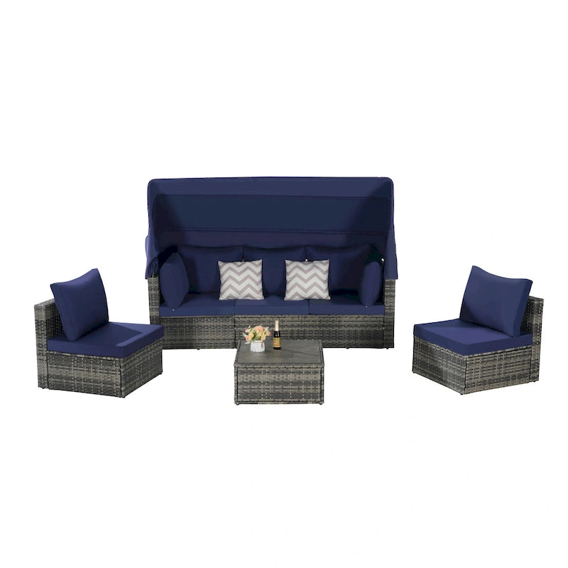 5 Piece Patio Wicker Furniture Sets, Outdoor Rattan Daybed with Retractable Canopy, Sectional Sofa Set with Adjustable Back