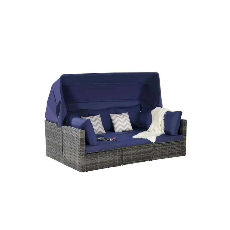 5 Piece Patio Wicker Furniture Sets, Outdoor Rattan Daybed with Retractable Canopy, Sectional Sofa Set with Adjustable Back