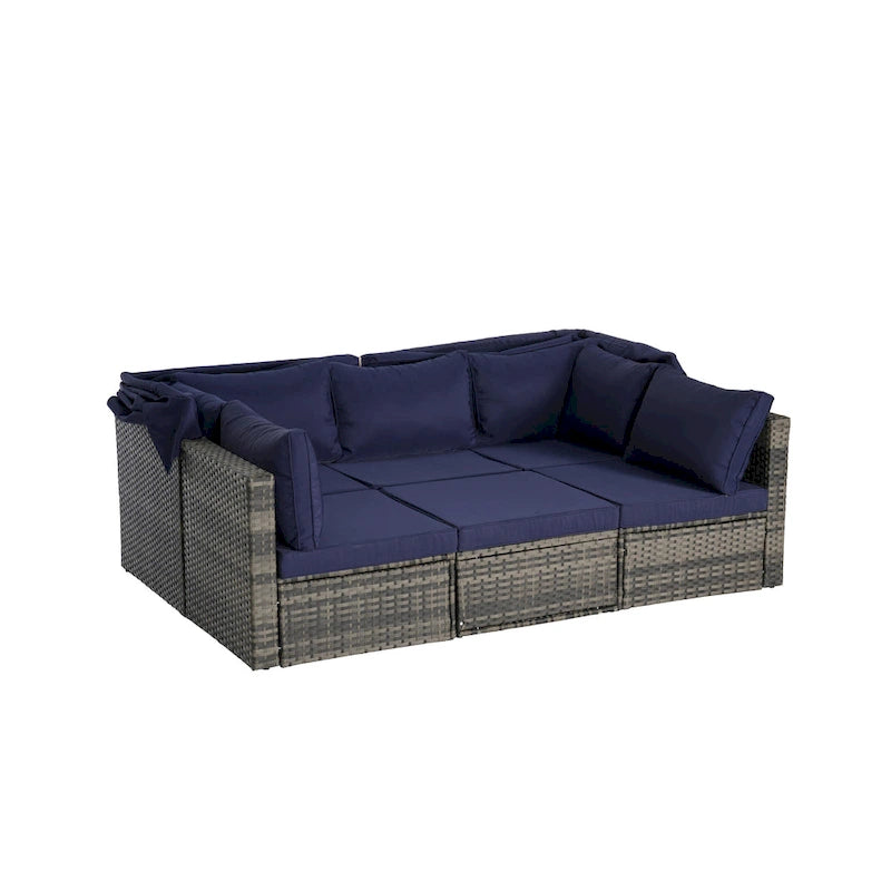5 Piece Patio Wicker Furniture Sets, Outdoor Rattan Daybed with Retractable Canopy, Sectional Sofa Set with Adjustable Back
