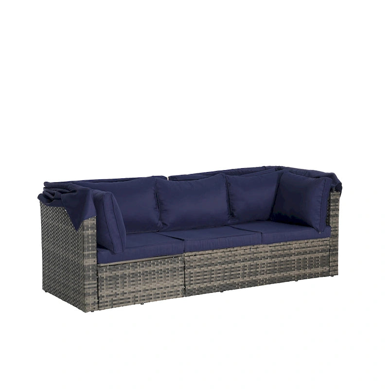 5 Piece Patio Wicker Furniture Sets, Outdoor Rattan Daybed with Retractable Canopy, Sectional Sofa Set with Adjustable Back