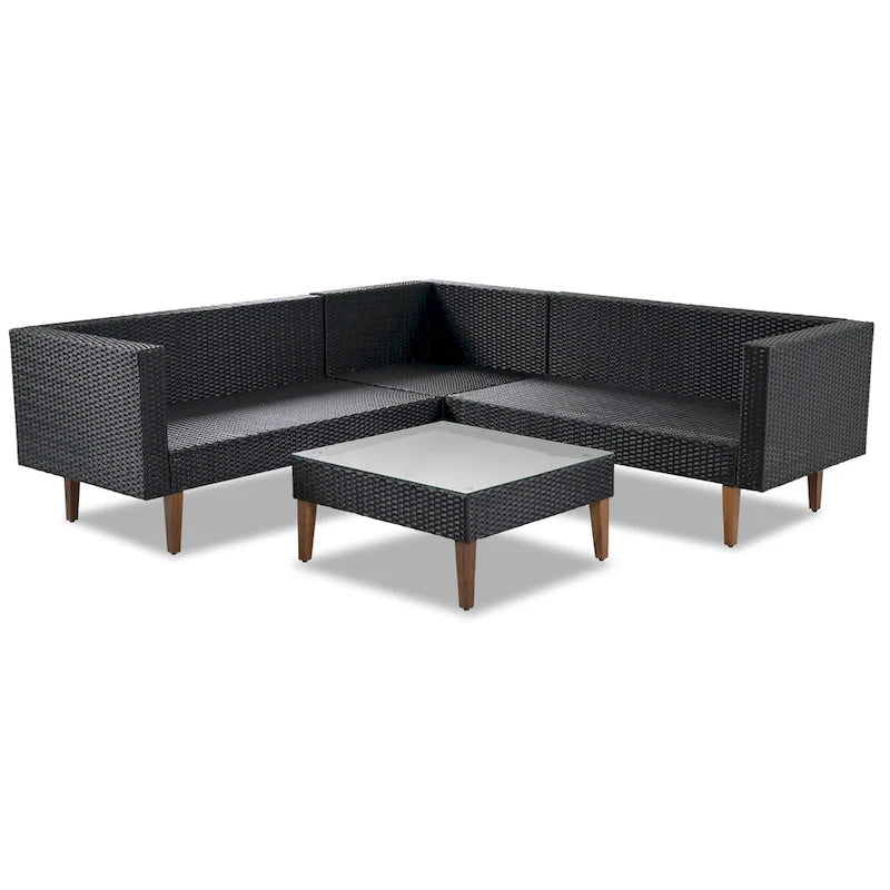 4 Piece Outdoor Furniture Set, All Weather Conversation Set, L-Shape Wicker Sofa Set with Pillows and Coffee Table