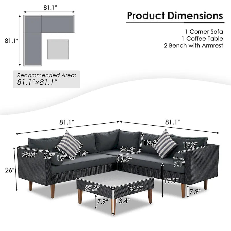 4 Piece Outdoor Furniture Set, All Weather Conversation Set, L-Shape Wicker Sofa Set with Pillows and Coffee Table