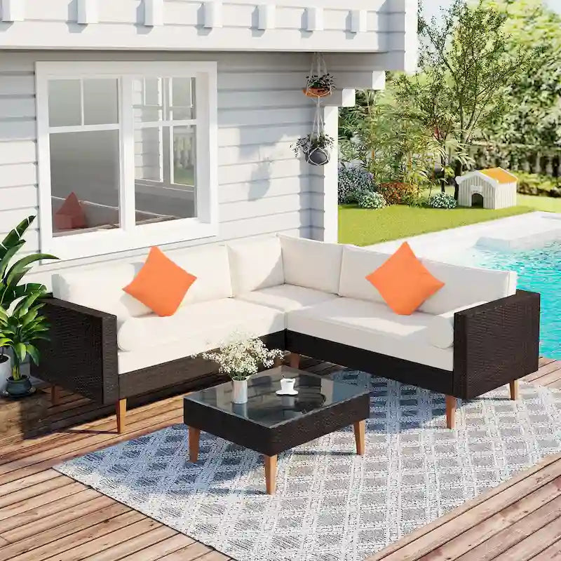 4 Piece Outdoor Furniture Set, All Weather Conversation Set, L-Shape Wicker Sofa Set with Pillows and Coffee Table
