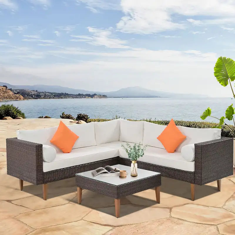 4 Piece Outdoor Furniture Set, All Weather Conversation Set, L-Shape Wicker Sofa Set with Pillows and Coffee Table