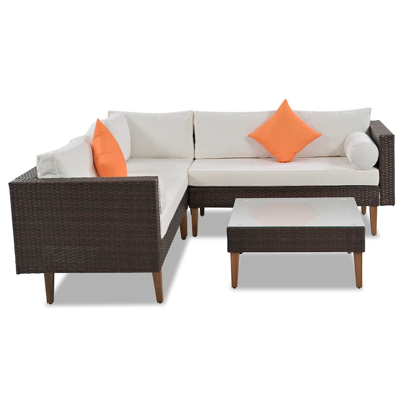 4 Piece Outdoor Furniture Set, All Weather Conversation Set, L-Shape Wicker Sofa Set with Pillows and Coffee Table
