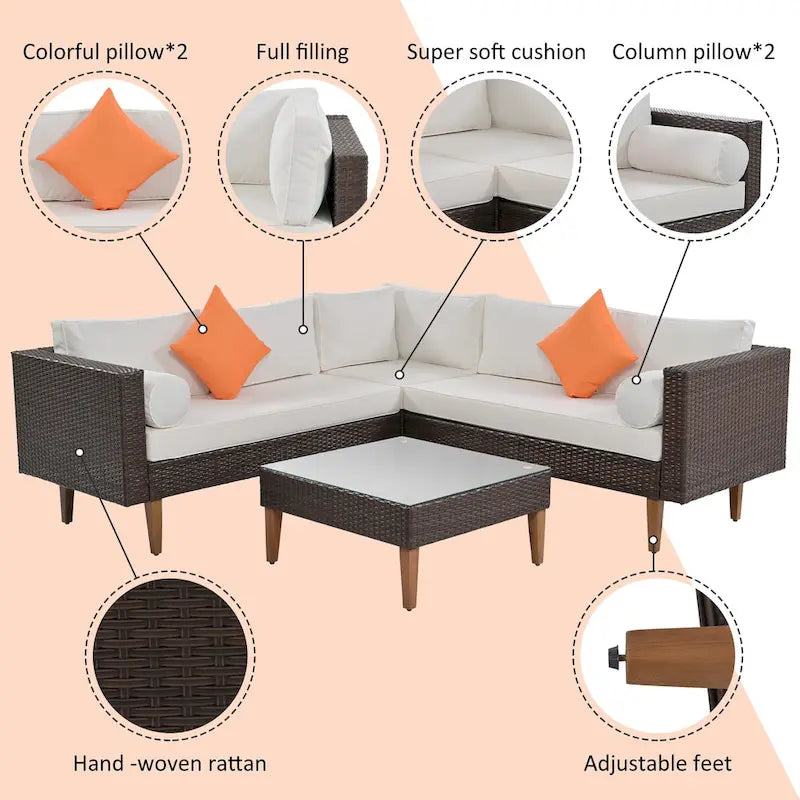 4 Piece Outdoor Furniture Set, All Weather Conversation Set, L-Shape Wicker Sofa Set with Pillows and Coffee Table