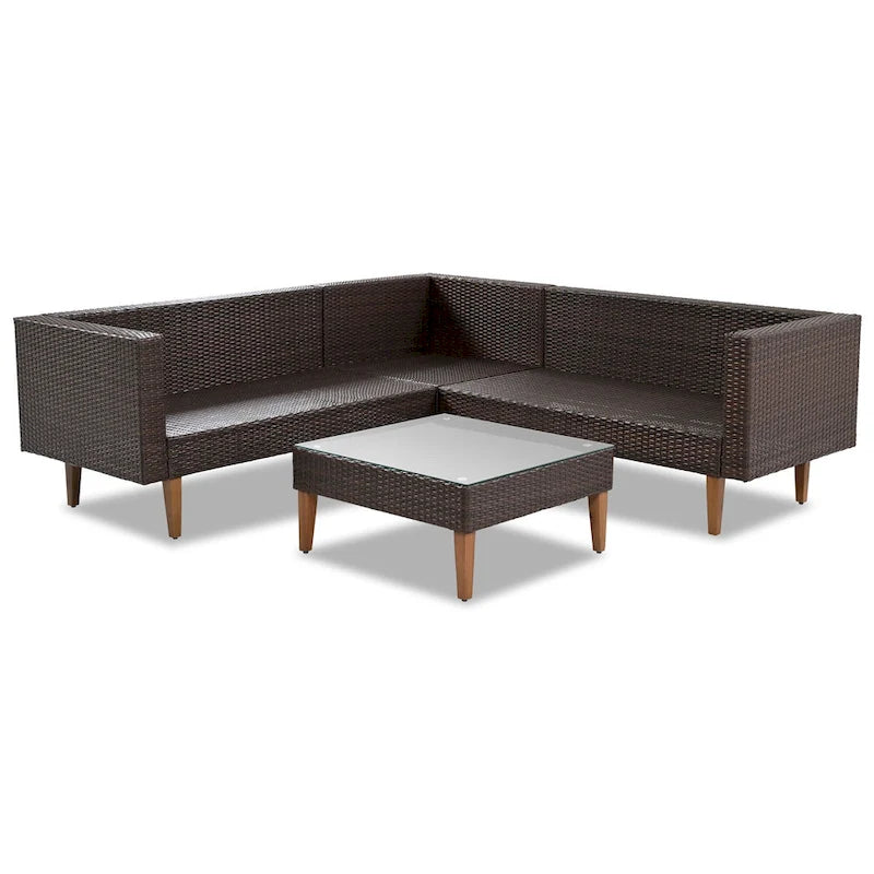 4 Piece Outdoor Furniture Set, All Weather Conversation Set, L-Shape Wicker Sofa Set with Pillows and Coffee Table