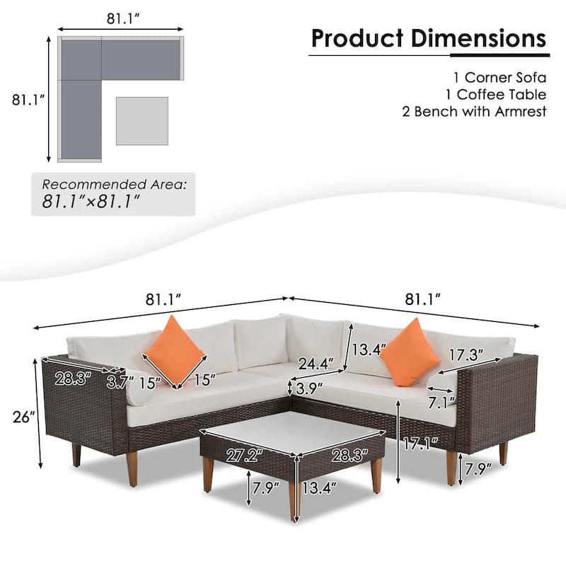 4 Piece Outdoor Furniture Set, All Weather Conversation Set, L-Shape Wicker Sofa Set with Pillows and Coffee Table