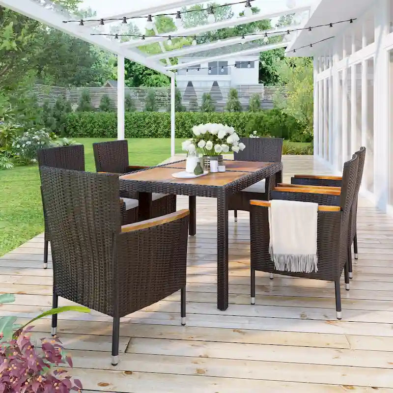 7-Pcs Outdoor Dining Set, Wicker Dining Table with Wooden Table Top, Patio Conversation Set with Soft Cushions