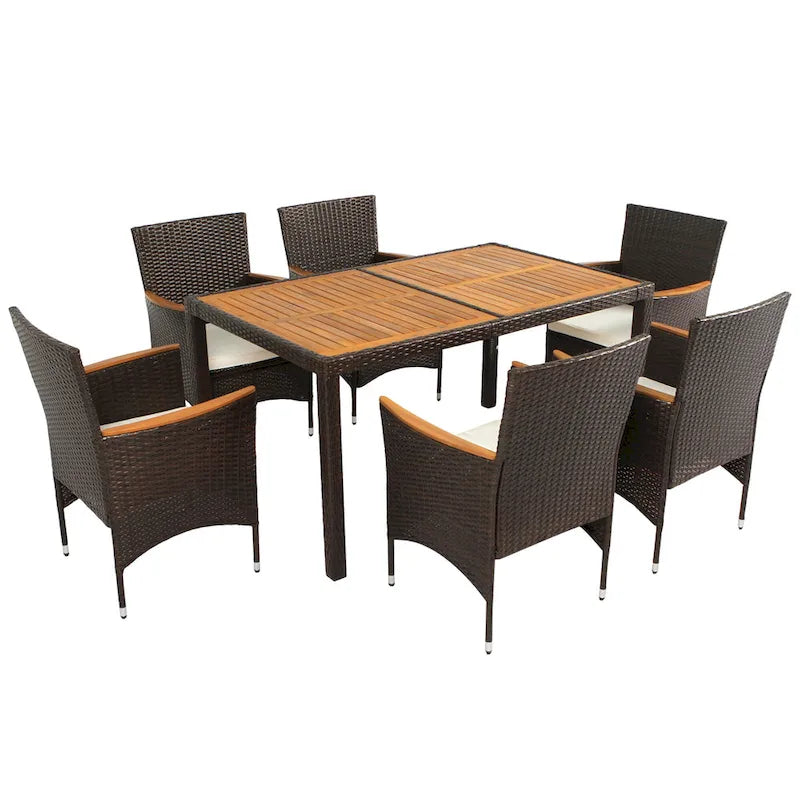 7-Pcs Outdoor Dining Set, Wicker Dining Table with Wooden Table Top, Patio Conversation Set with Soft Cushions