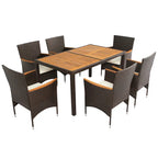 7-Pcs Outdoor Dining Set, Wicker Dining Table with Wooden Table Top, Patio Conversation Set with Soft Cushions