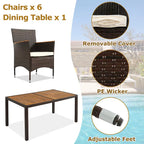 7-Pcs Outdoor Dining Set, Wicker Dining Table with Wooden Table Top, Patio Conversation Set with Soft Cushions