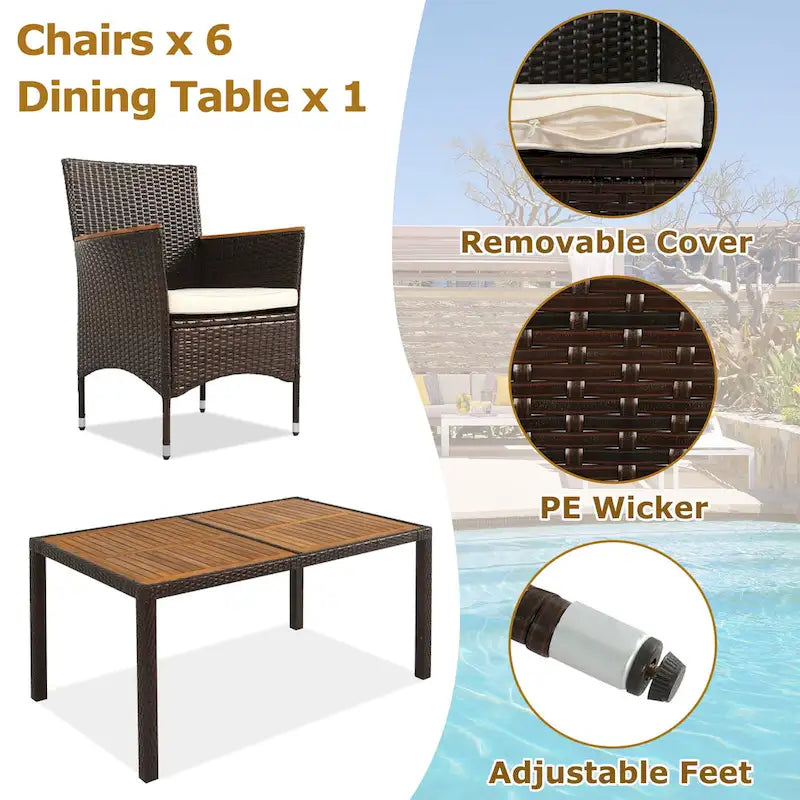 7-Pcs Outdoor Dining Set, Wicker Dining Table with Wooden Table Top, Patio Conversation Set with Soft Cushions