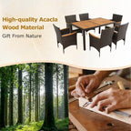 7-Pcs Outdoor Dining Set, Wicker Dining Table with Wooden Table Top, Patio Conversation Set with Soft Cushions