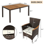 7-Pcs Outdoor Dining Set, Wicker Dining Table with Wooden Table Top, Patio Conversation Set with Soft Cushions