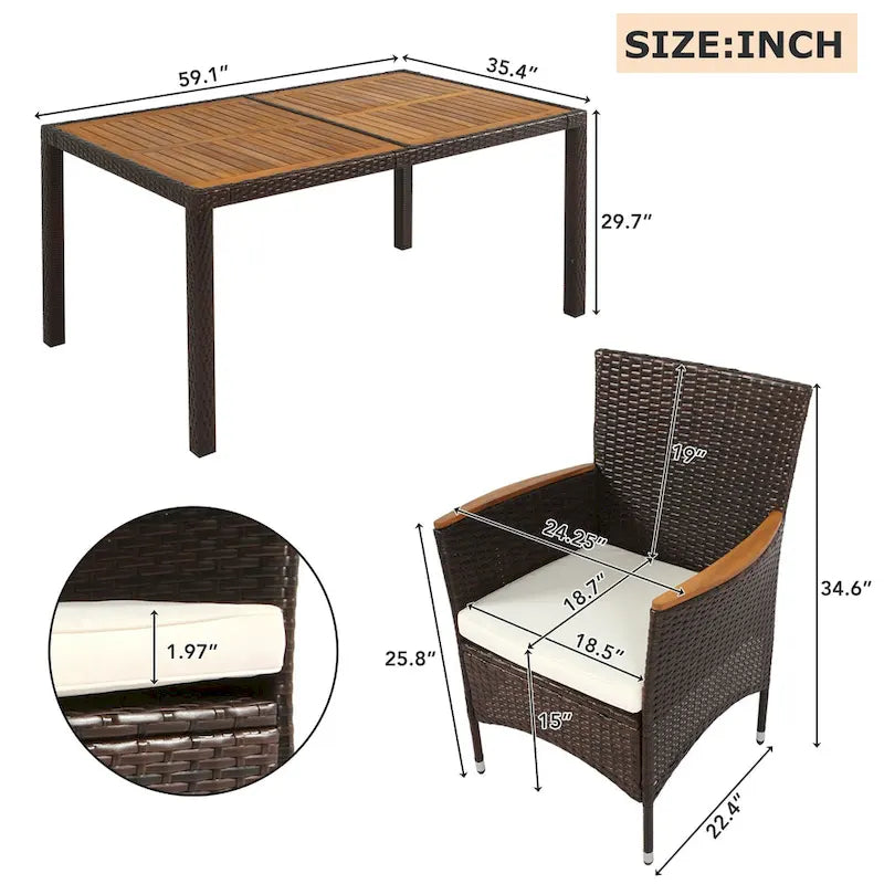 7-Pcs Outdoor Dining Set, Wicker Dining Table with Wooden Table Top, Patio Conversation Set with Soft Cushions