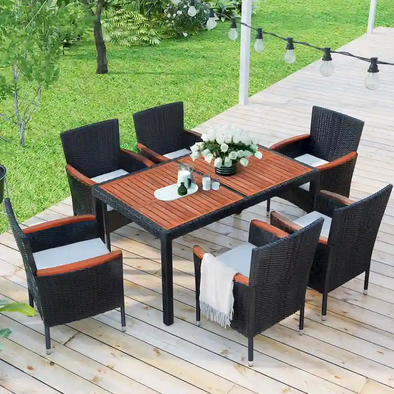 7-Pcs Outdoor Dining Set, Wicker Dining Table with Wooden Table Top, Patio Conversation Set with Soft Cushions