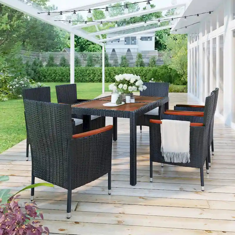 7-Pcs Outdoor Dining Set, Wicker Dining Table with Wooden Table Top, Patio Conversation Set with Soft Cushions