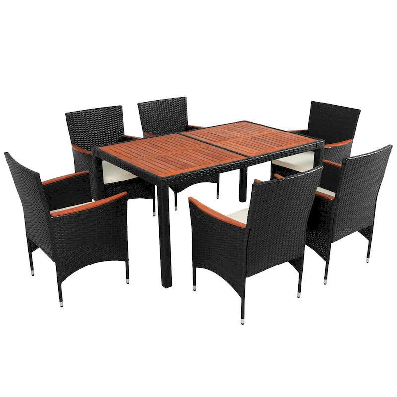 7-Pcs Outdoor Dining Set, Wicker Dining Table with Wooden Table Top, Patio Conversation Set with Soft Cushions