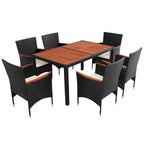 7-Pcs Outdoor Dining Set, Wicker Dining Table with Wooden Table Top, Patio Conversation Set with Soft Cushions