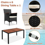 7-Pcs Outdoor Dining Set, Wicker Dining Table with Wooden Table Top, Patio Conversation Set with Soft Cushions