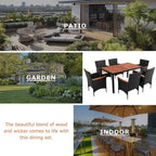 7-Pcs Outdoor Dining Set, Wicker Dining Table with Wooden Table Top, Patio Conversation Set with Soft Cushions