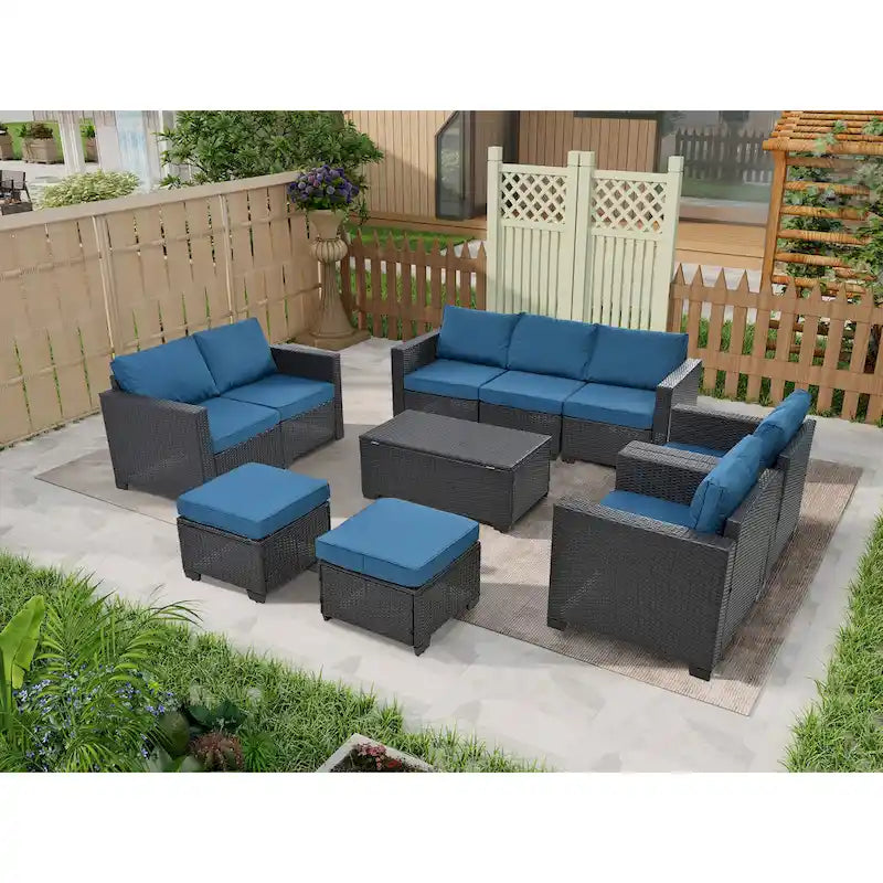 10 Piece Outdoor Furniture Set, Patio Rattan Sectional Sofa Set, All-Weather Conversation Set with Cushions and Coffee Table
