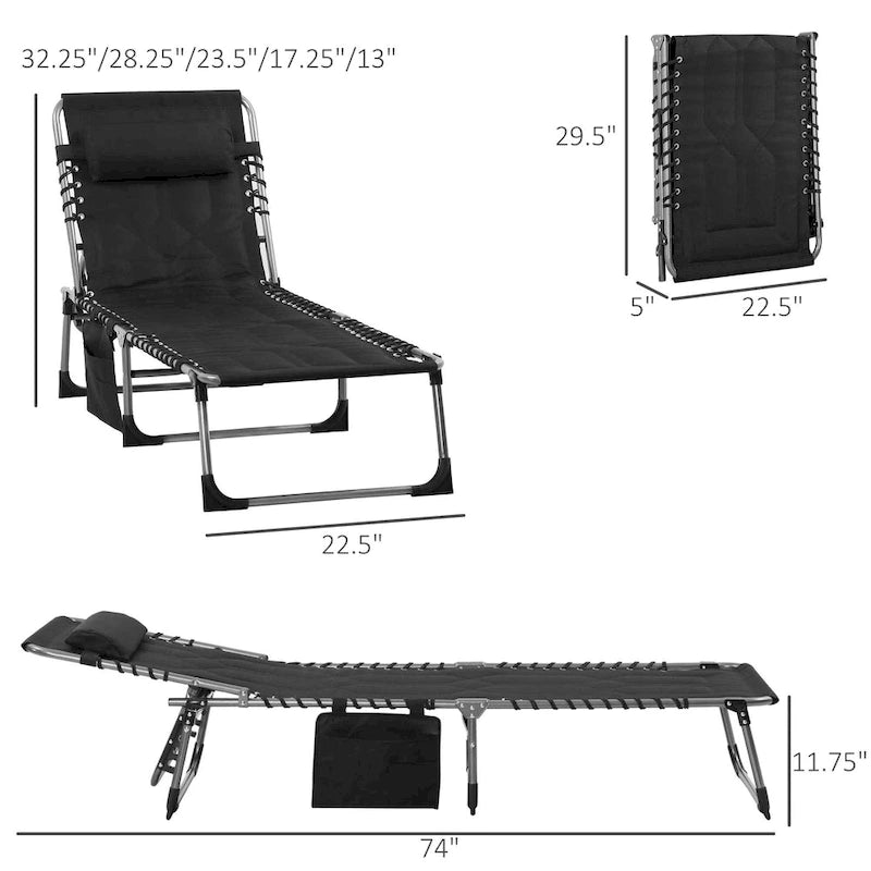 Outsunny Padded Folding Chaise Lounge Chair, Outdoor 6-Level Reclining Camping Tanning Chair with Headrest for Beach, Patio