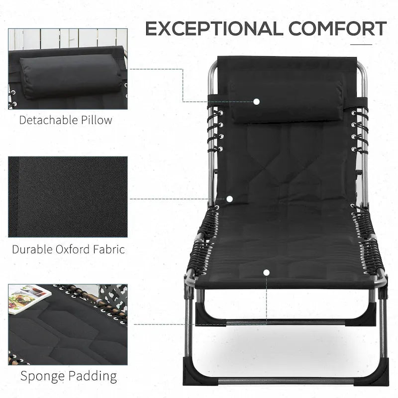 Outsunny Padded Folding Chaise Lounge Chair, Outdoor 6-Level Reclining Camping Tanning Chair with Headrest for Beach, Patio
